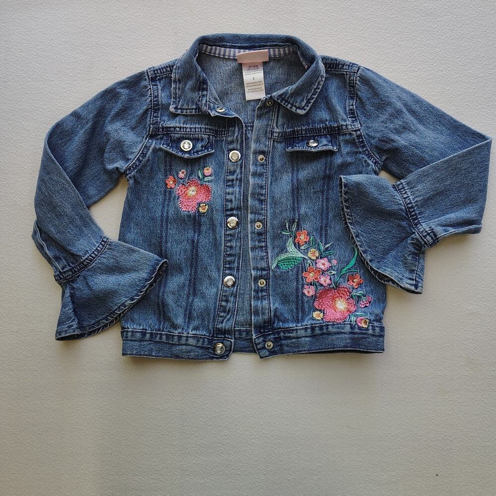 Little Lass Girls 6 Denim Jacket Floral Embroidered Bell Sleeve Boho Western